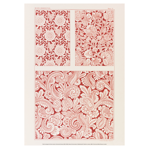 Three blocks of red pattern against white show various decorative techniques. 